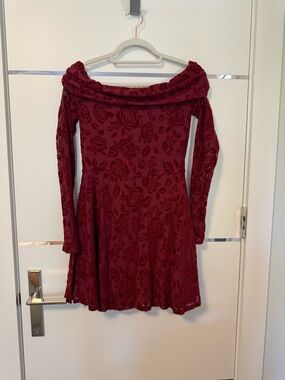 Off-Shoulder Floral Velvet Skater Dress in Burgundy